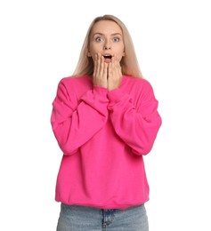 Photo of Portrait of scared woman on white background