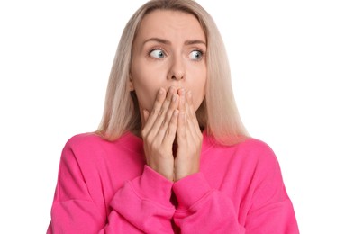 Photo of Portrait of scared woman on white background