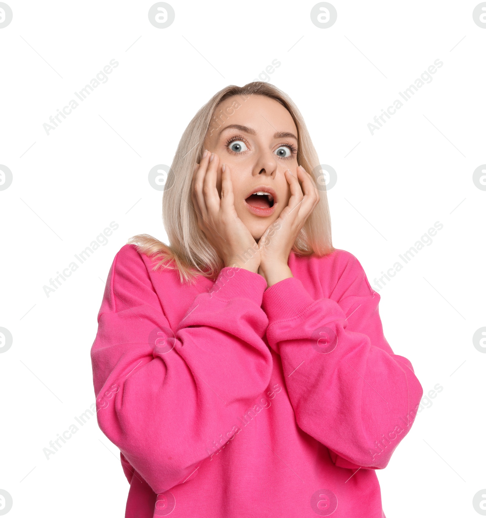 Photo of Portrait of scared woman on white background