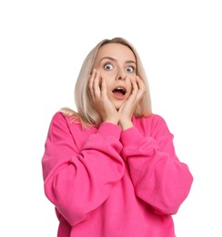 Portrait of scared woman on white background