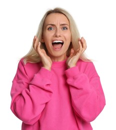 Portrait of scared woman on white background