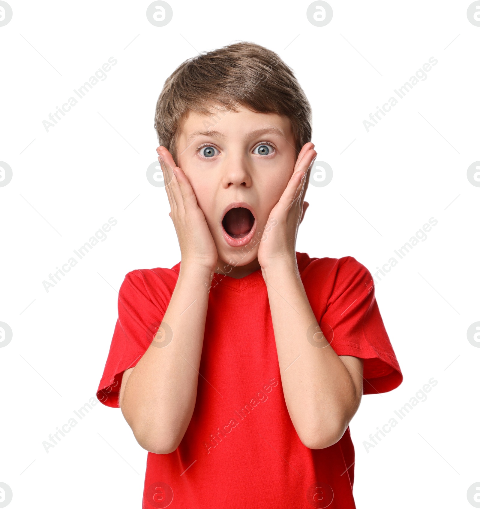 Photo of Portrait of scared little boy on white background