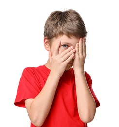 Portrait of scared little boy on white background