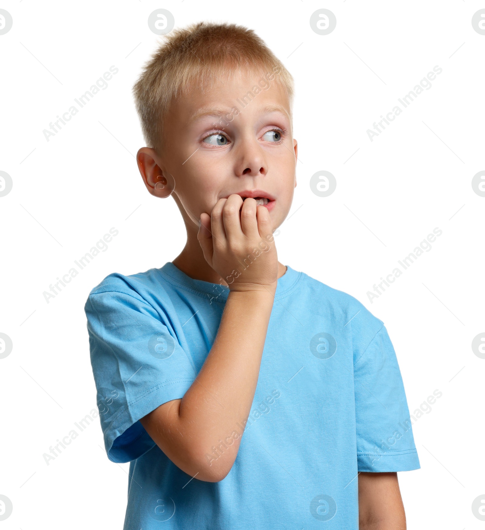 Photo of Portrait of scared little boy on white background