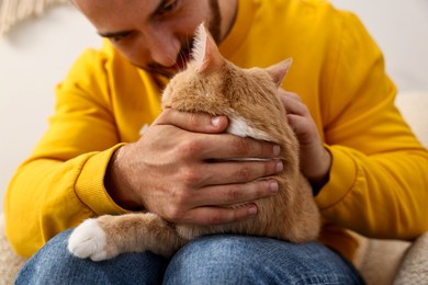 Man petting cute ginger cat on armchair at home, selective focus