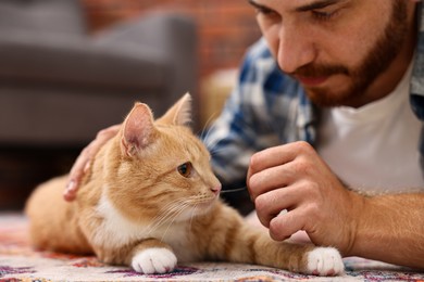 Man petting cute ginger cat on floor at home