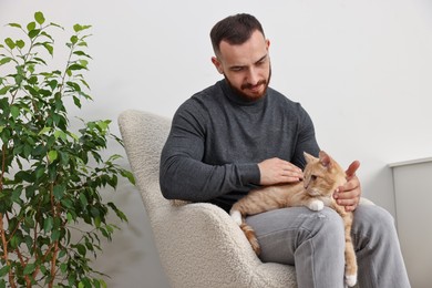 Man petting cute ginger cat on armchair at home