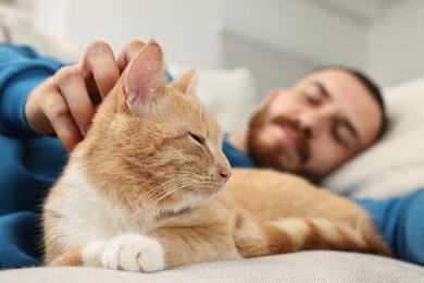 Man petting cute ginger cat on sofa at home, selective focus