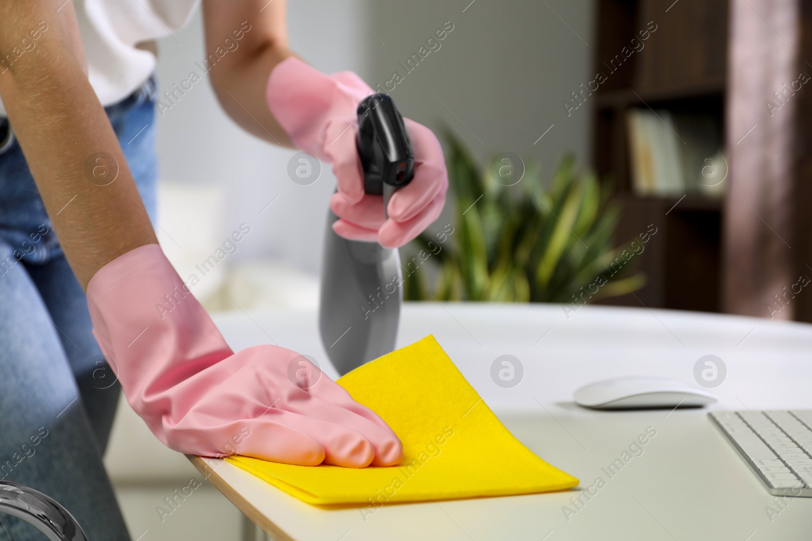 Photo of Young woman cleaning table with rag and spray in office, closeup