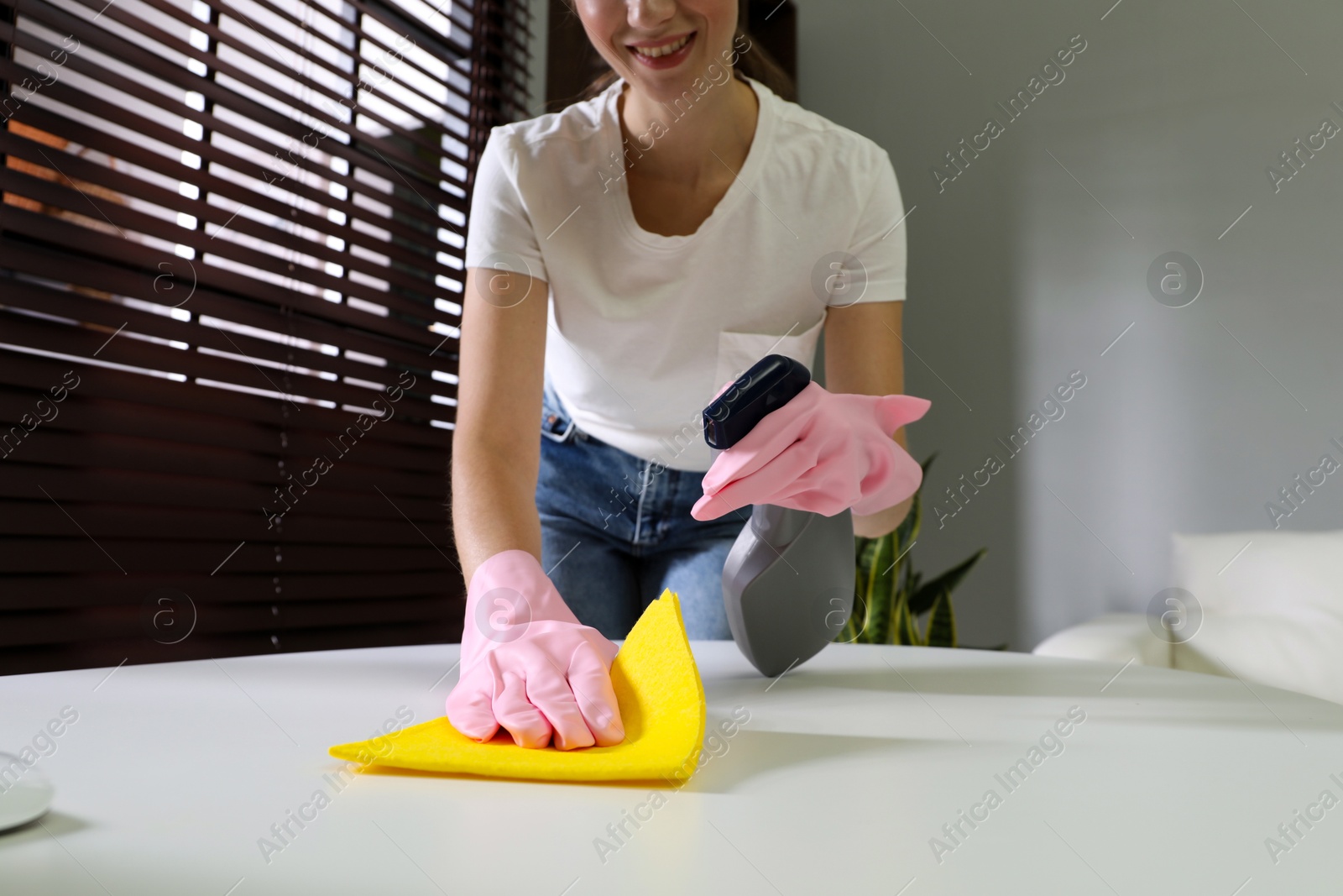 Photo of Young woman cleaning table with rag and spray in office, closeup