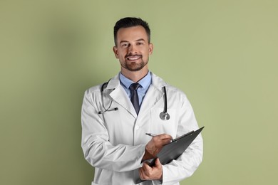 Smiling doctor with stethoscope and clipboard on olive background