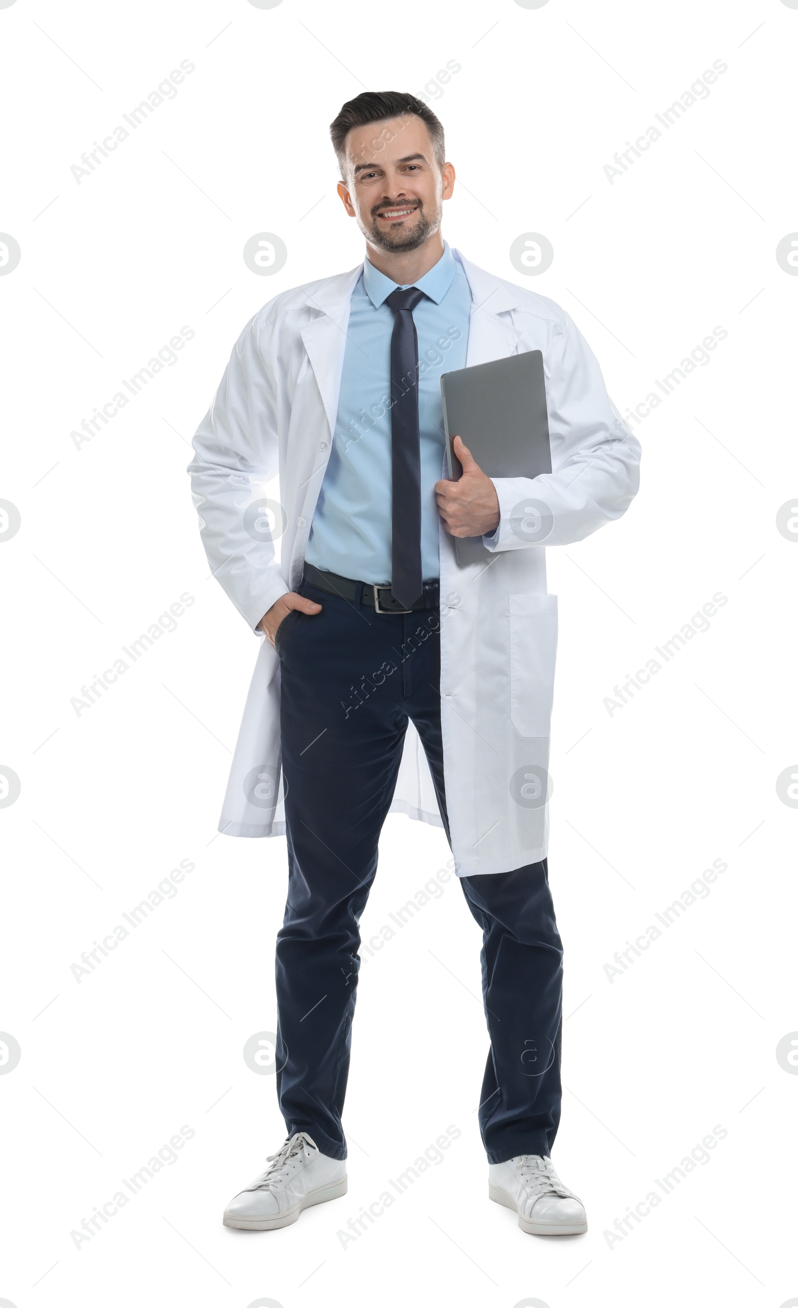 Photo of Smiling doctor with laptop isolated on white