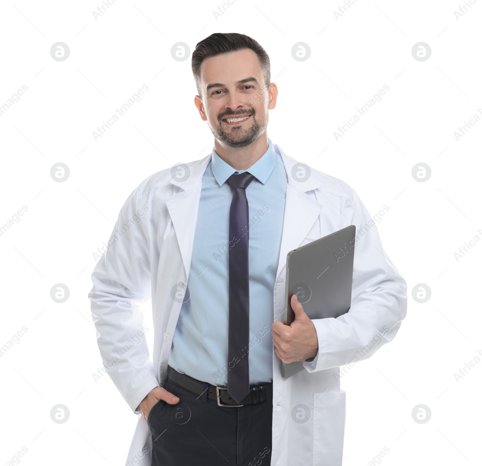 Photo of Smiling doctor with laptop isolated on white