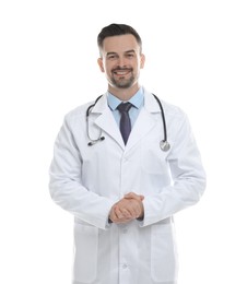 Smiling doctor with stethoscope isolated on white