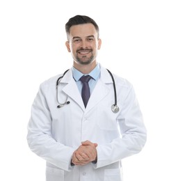 Photo of Smiling doctor with stethoscope isolated on white