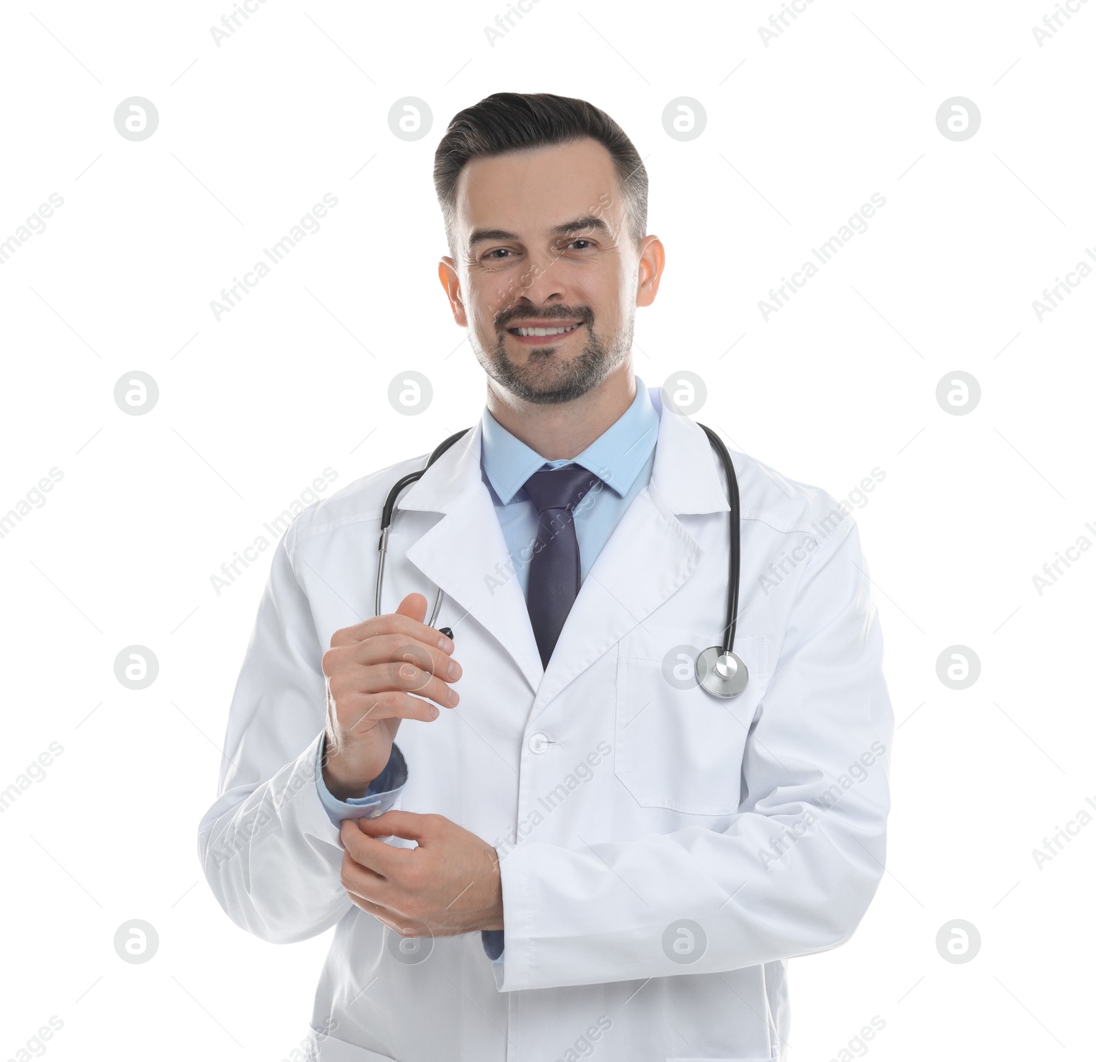 Photo of Smiling doctor with stethoscope isolated on white