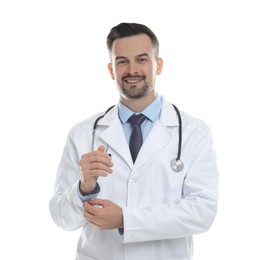 Photo of Smiling doctor with stethoscope isolated on white