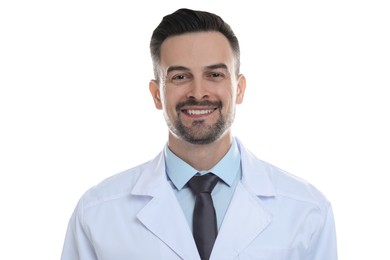 Portrait of smiling doctor on white background