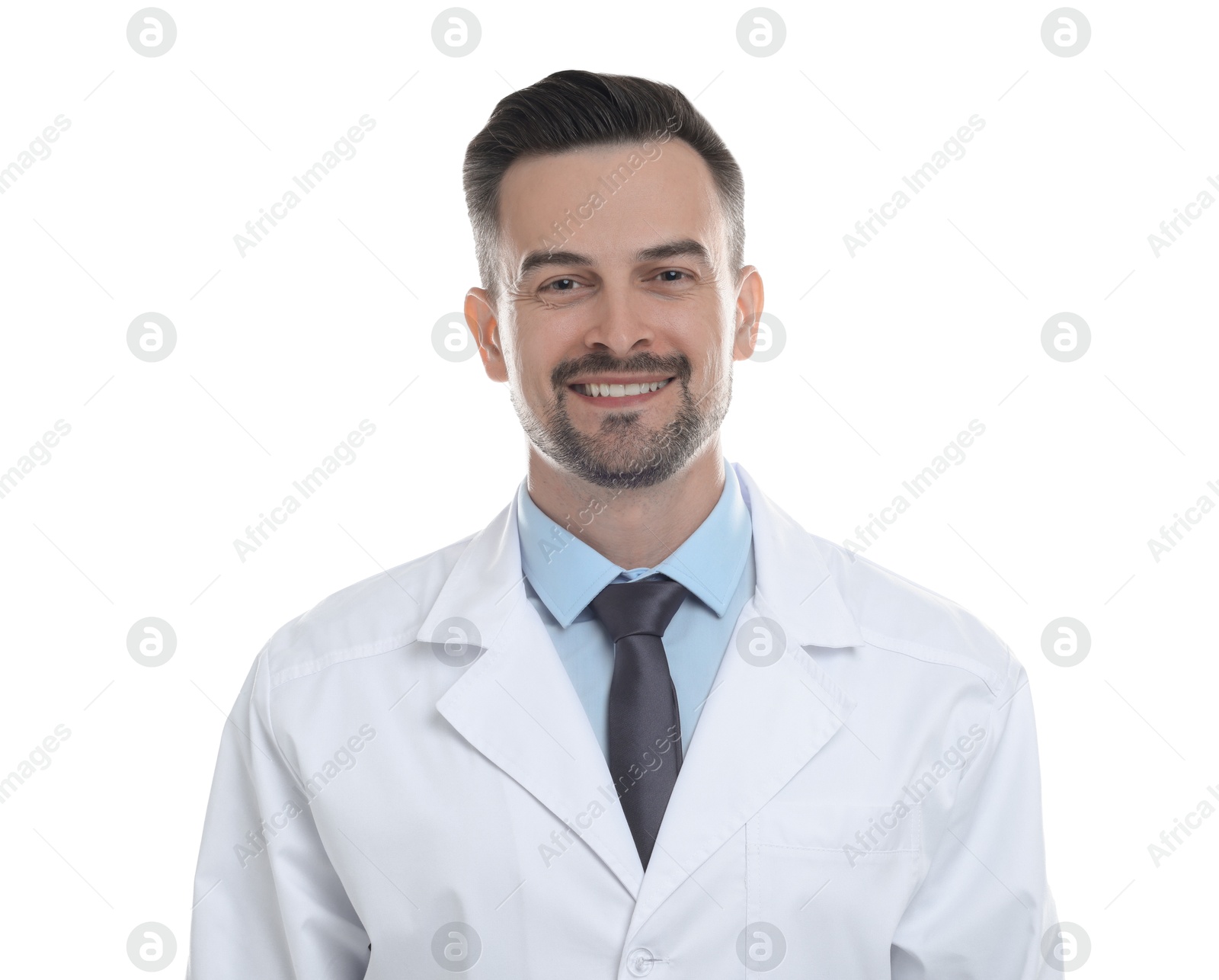 Photo of Portrait of smiling doctor isolated on white