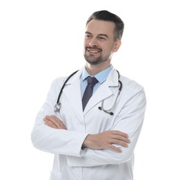 Photo of Smiling doctor with stethoscope isolated on white