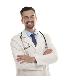 Smiling doctor with stethoscope isolated on white