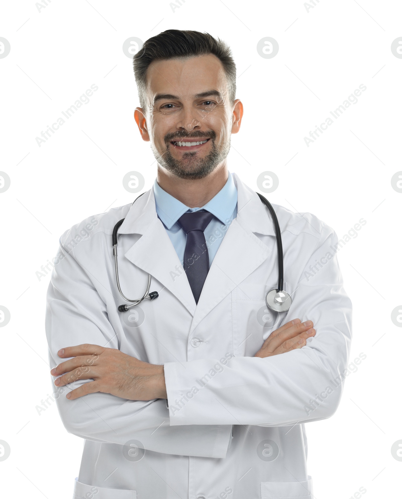 Photo of Smiling doctor with stethoscope isolated on white