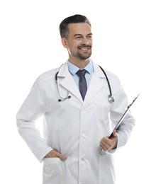 Photo of Smiling doctor with stethoscope and clipboard isolated on white