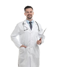 Photo of Smiling doctor with stethoscope and clipboard isolated on white