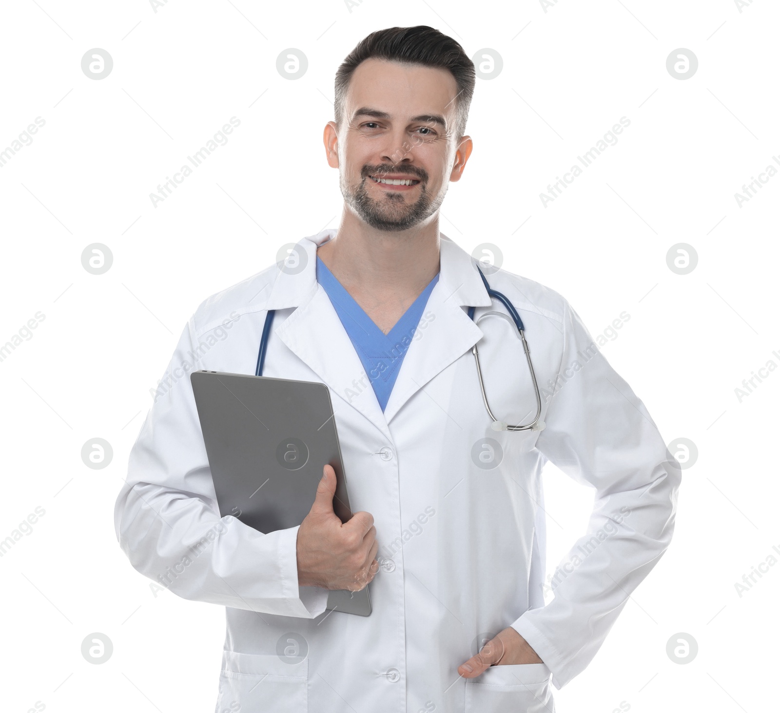 Photo of Smiling doctor with stethoscope and laptop isolated on white