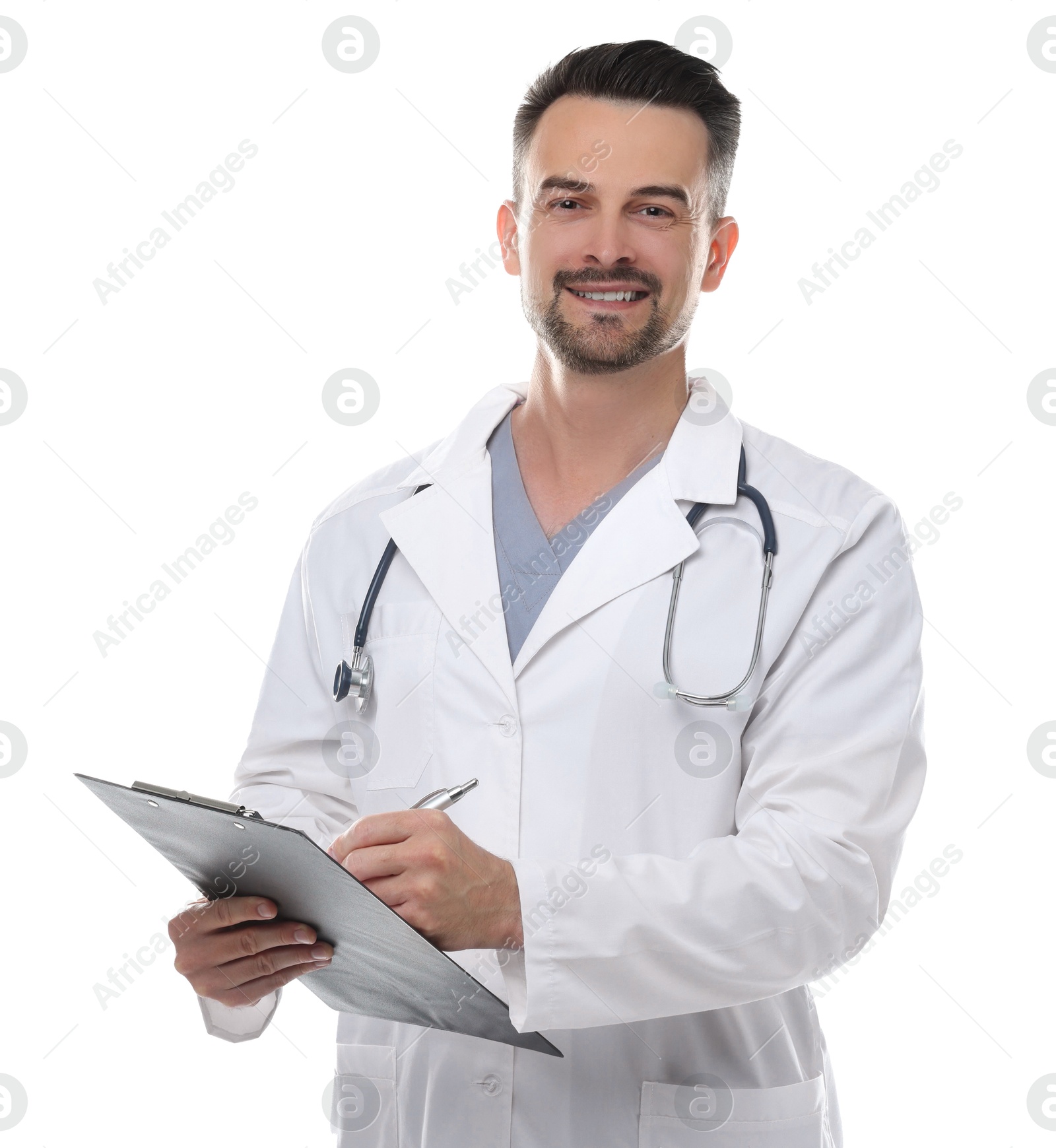 Photo of Smiling doctor with stethoscope and clipboard isolated on white