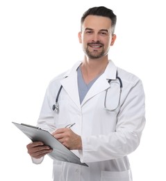 Smiling doctor with stethoscope and clipboard isolated on white