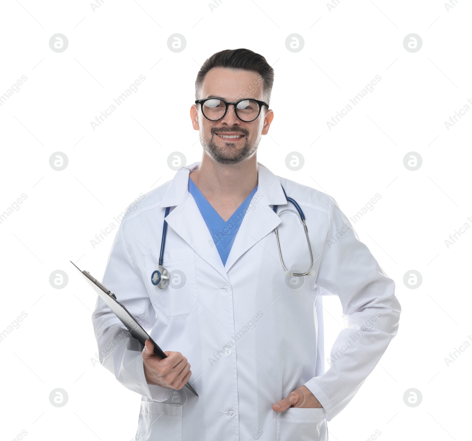 Photo of Smiling doctor with stethoscope and clipboard isolated on white