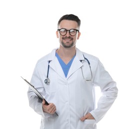 Smiling doctor with stethoscope and clipboard isolated on white