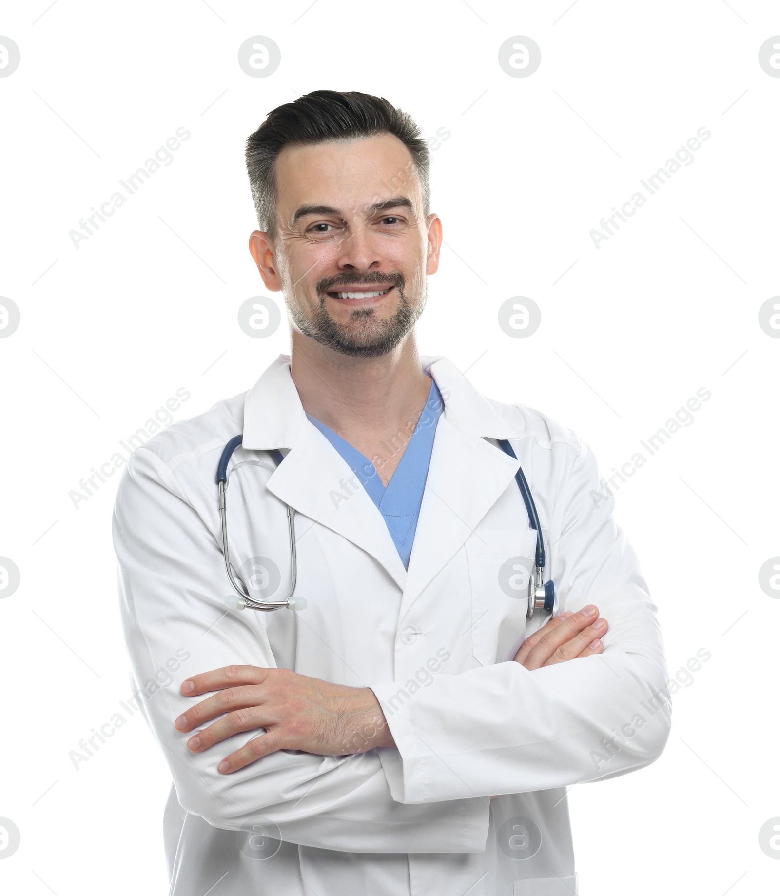 Photo of Smiling doctor with stethoscope isolated on white