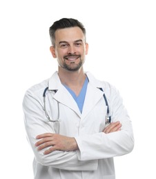 Photo of Smiling doctor with stethoscope isolated on white