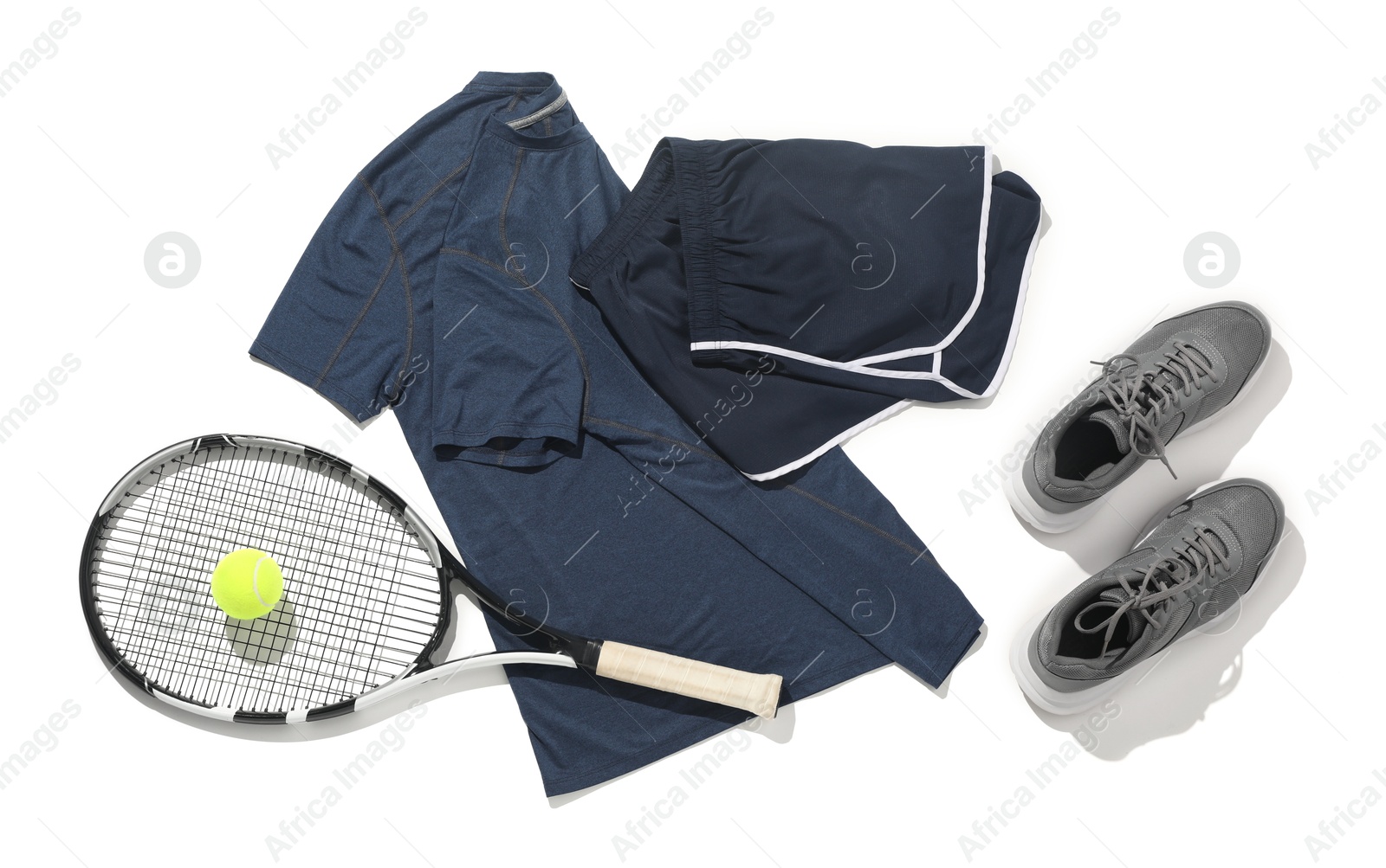 Photo of Tennis racket, balls and sportswear isolated on white, top view