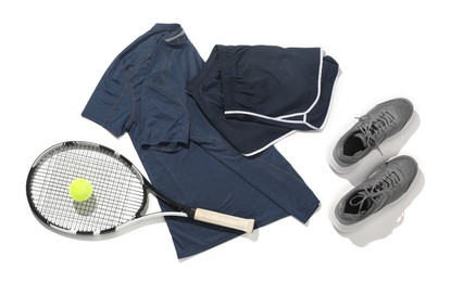 Photo of Tennis racket, balls and sportswear isolated on white, top view