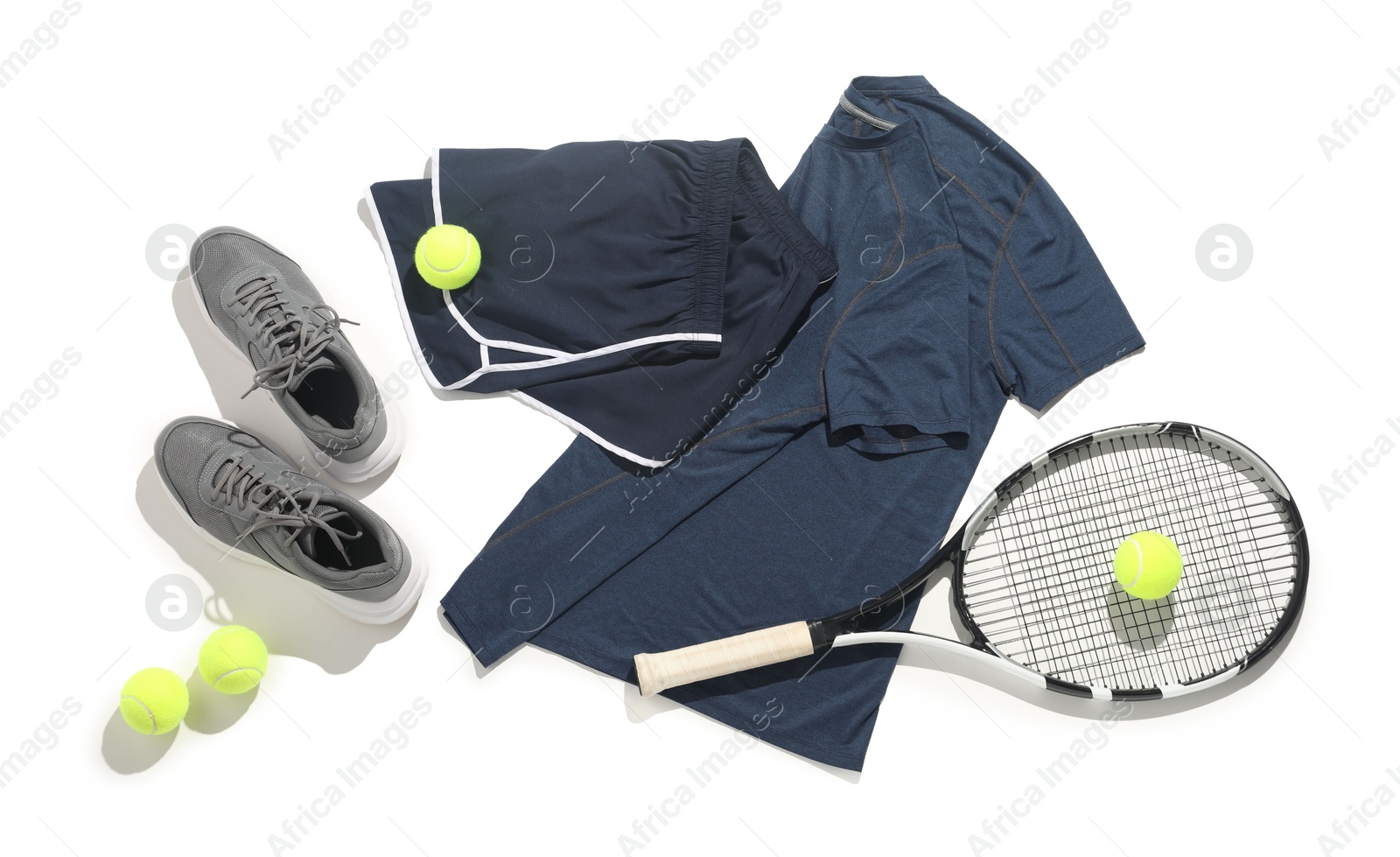 Photo of Tennis racket, balls and sportswear isolated on white, top view