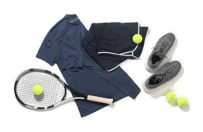 Photo of Tennis racket, balls and sportswear isolated on white, top view