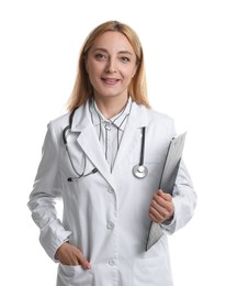 Doctor with stethoscope and clipboard on white background