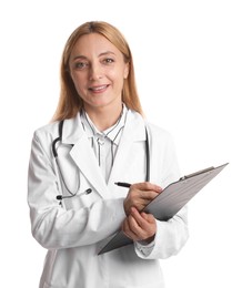 Photo of Doctor with stethoscope and clipboard writing notes on white background