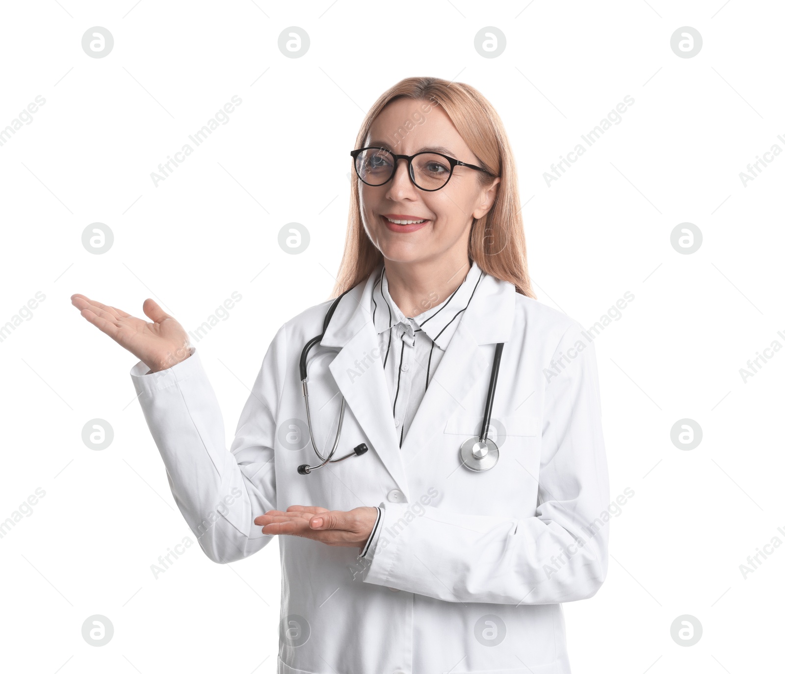 Photo of Doctor with stethoscope showing something on white background