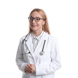 Smiling doctor with stethoscope on white background