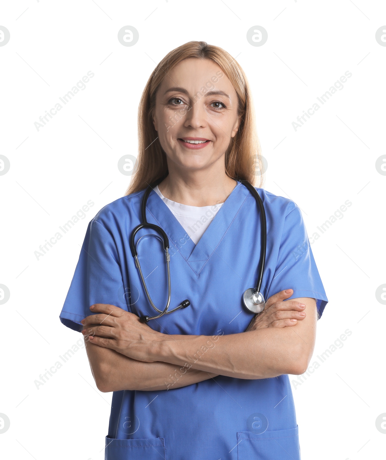 Photo of Smiling doctor with stethoscope on white background