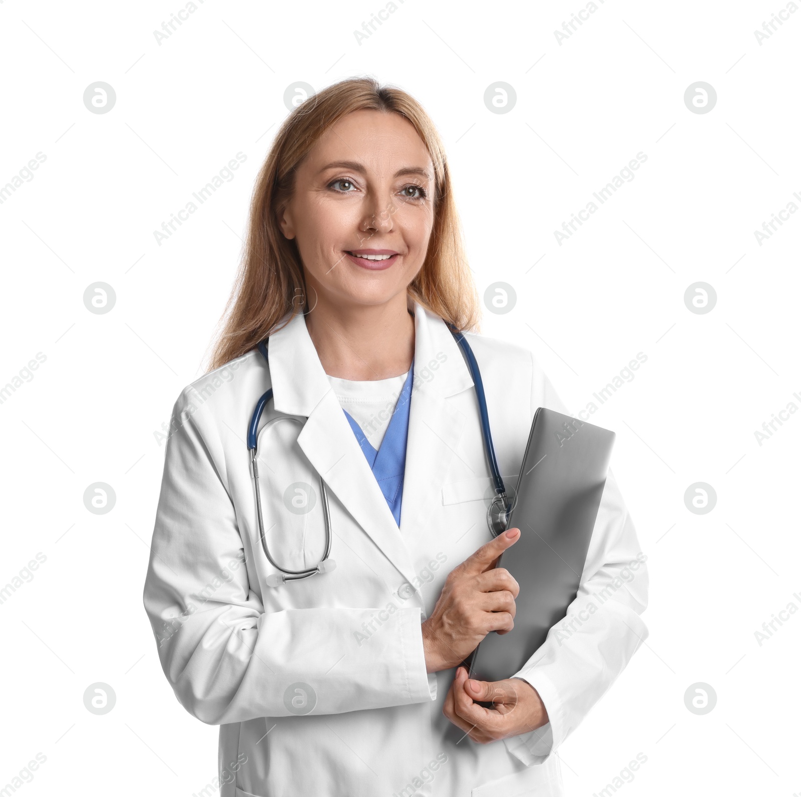 Photo of Doctor with stethoscope and laptop on white background