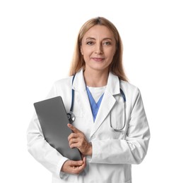 Photo of Doctor with stethoscope and laptop on white background