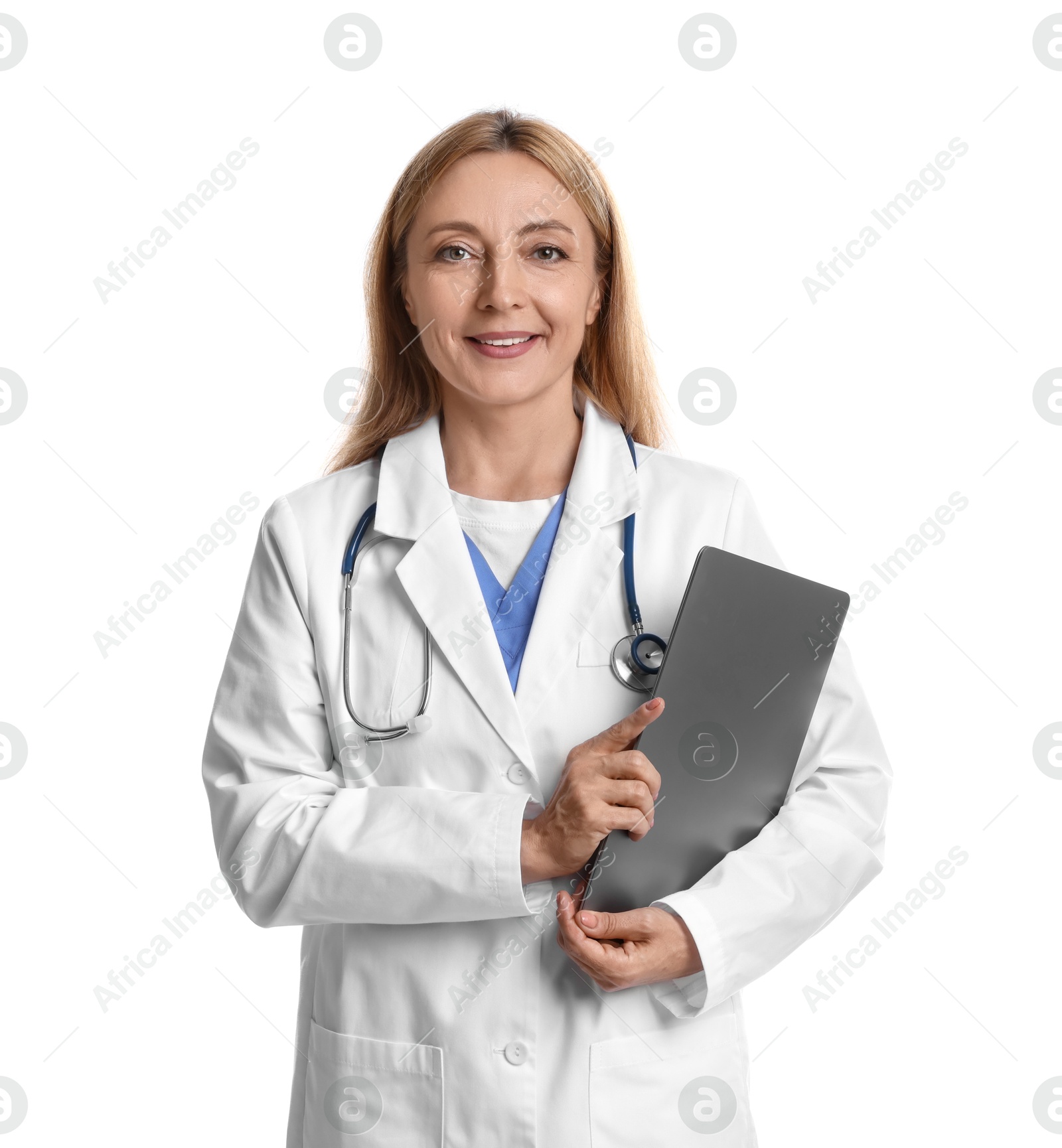 Photo of Doctor with stethoscope and laptop on white background