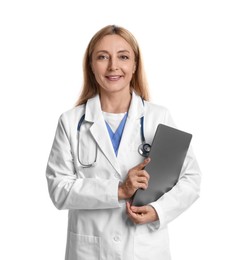 Doctor with stethoscope and laptop on white background