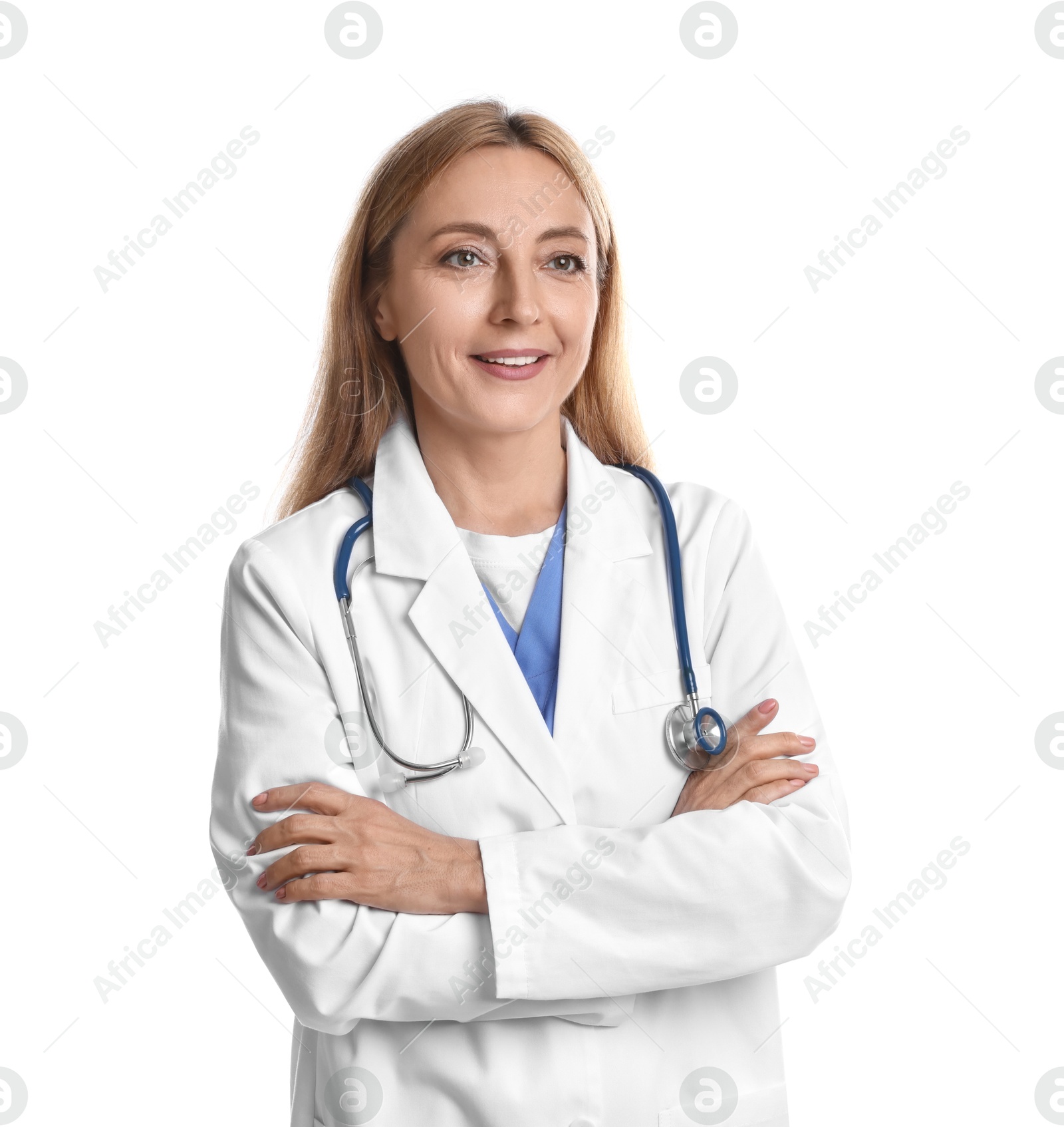 Photo of Smiling doctor with stethoscope on white background