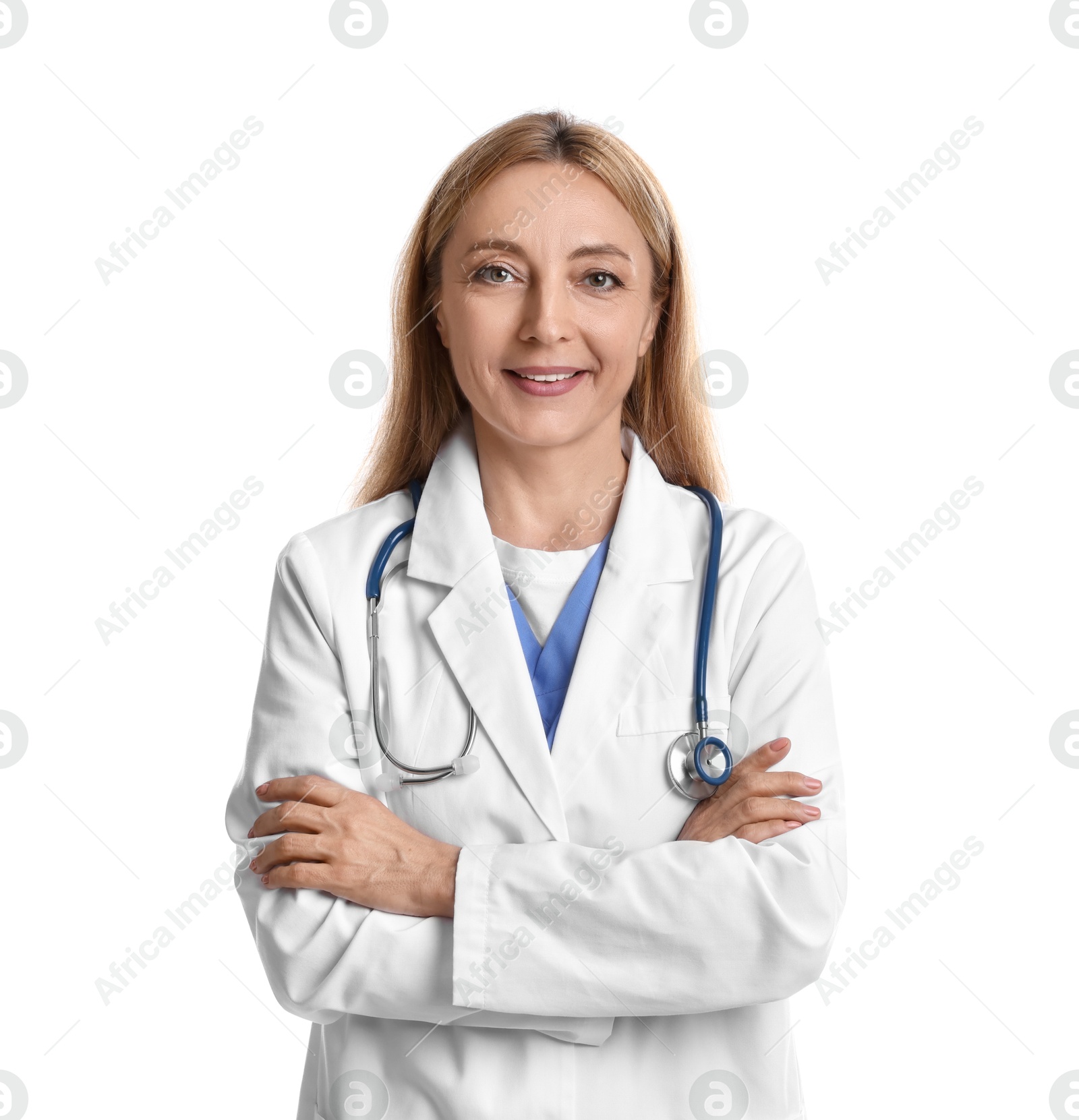 Photo of Smiling doctor with stethoscope on white background